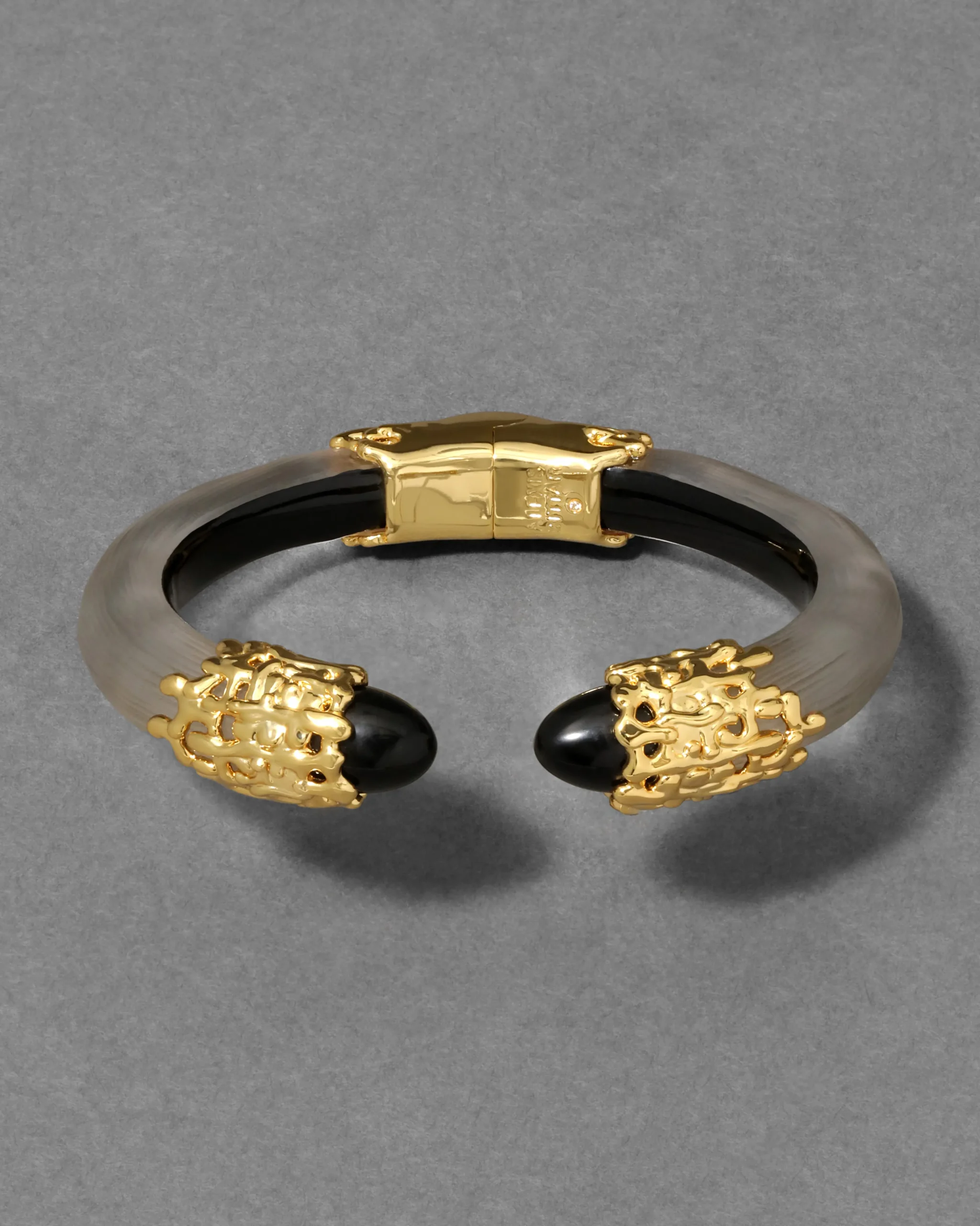 Lucite Brutalist Black Obsidian Hinge Bracelet- Warm Grey