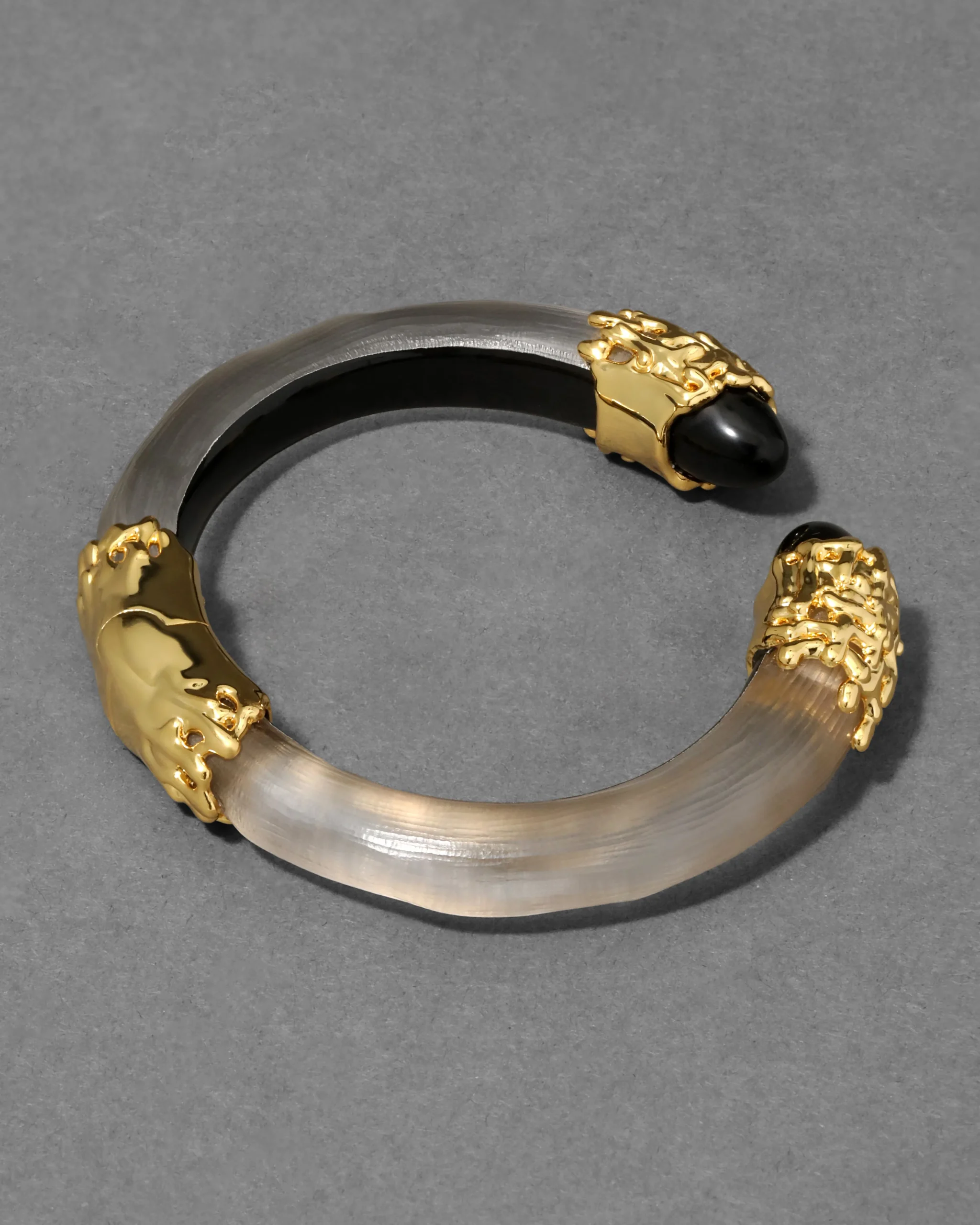 Lucite Brutalist Black Obsidian Hinge Bracelet- Warm Grey