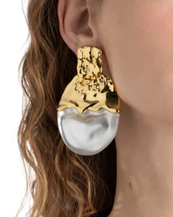 Lucite Brutalist Gilded Disc Clip Earring- Silver