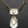 Lucite Brutalist White Mother of Pearl Doublet Necklace- Silver