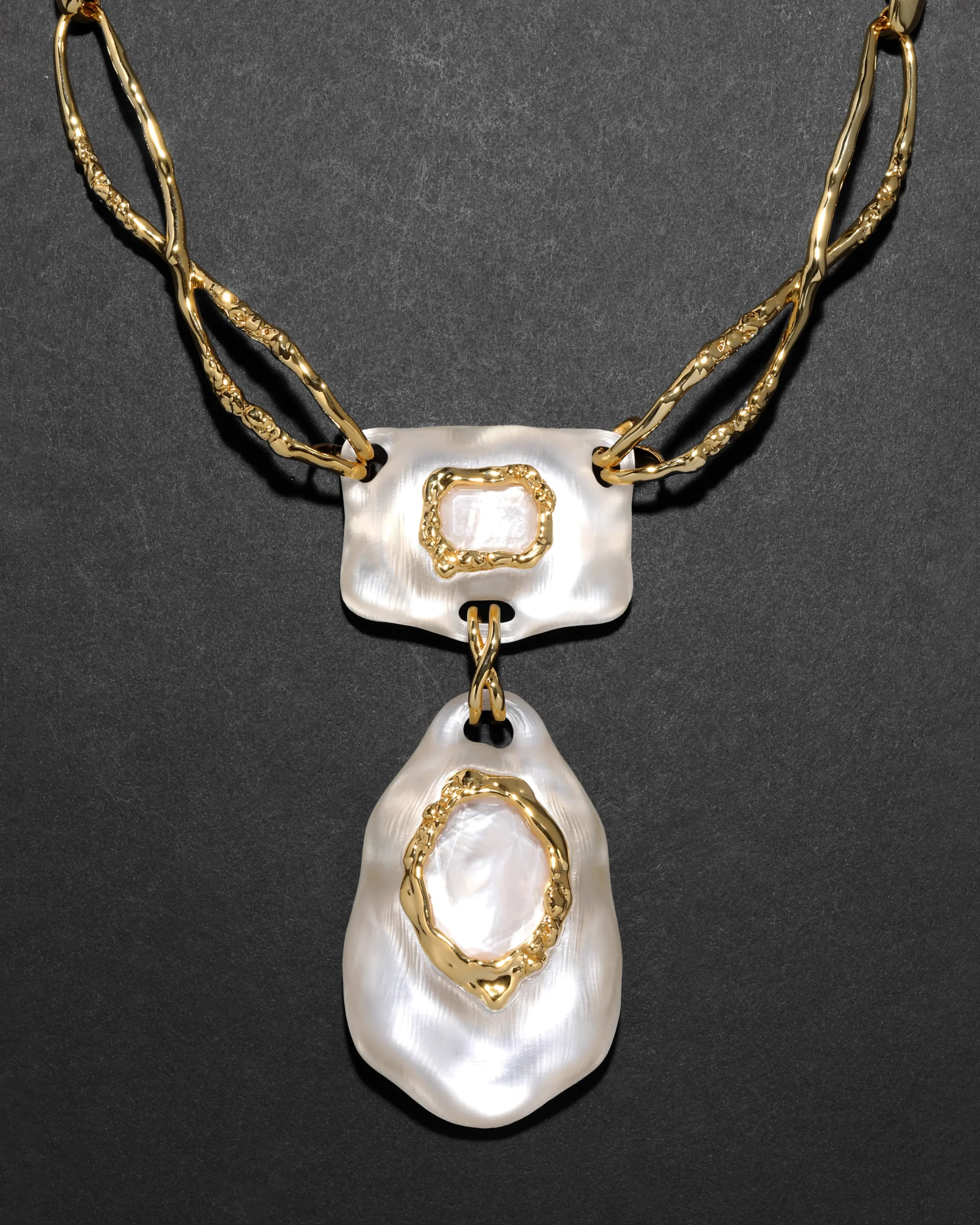 Lucite Brutalist White Mother of Pearl Doublet Necklace- Silver