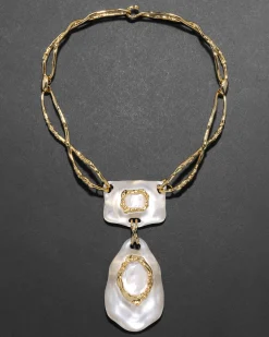 Lucite Brutalist White Mother of Pearl Doublet Necklace- Silver