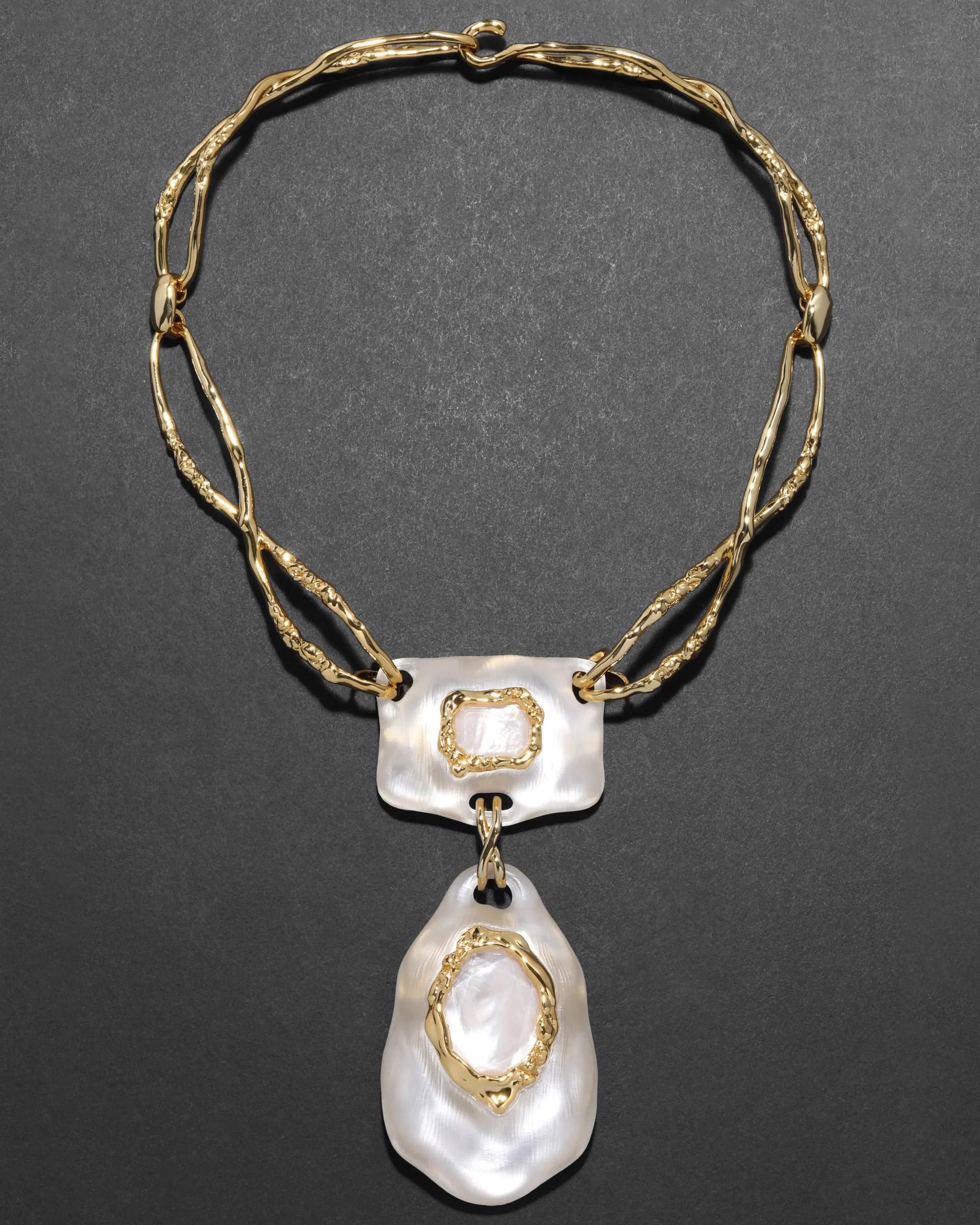 Lucite Brutalist White Mother of Pearl Doublet Necklace- Silver