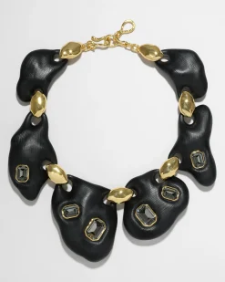 Lucite Jeweled Pebble Necklace- Black
