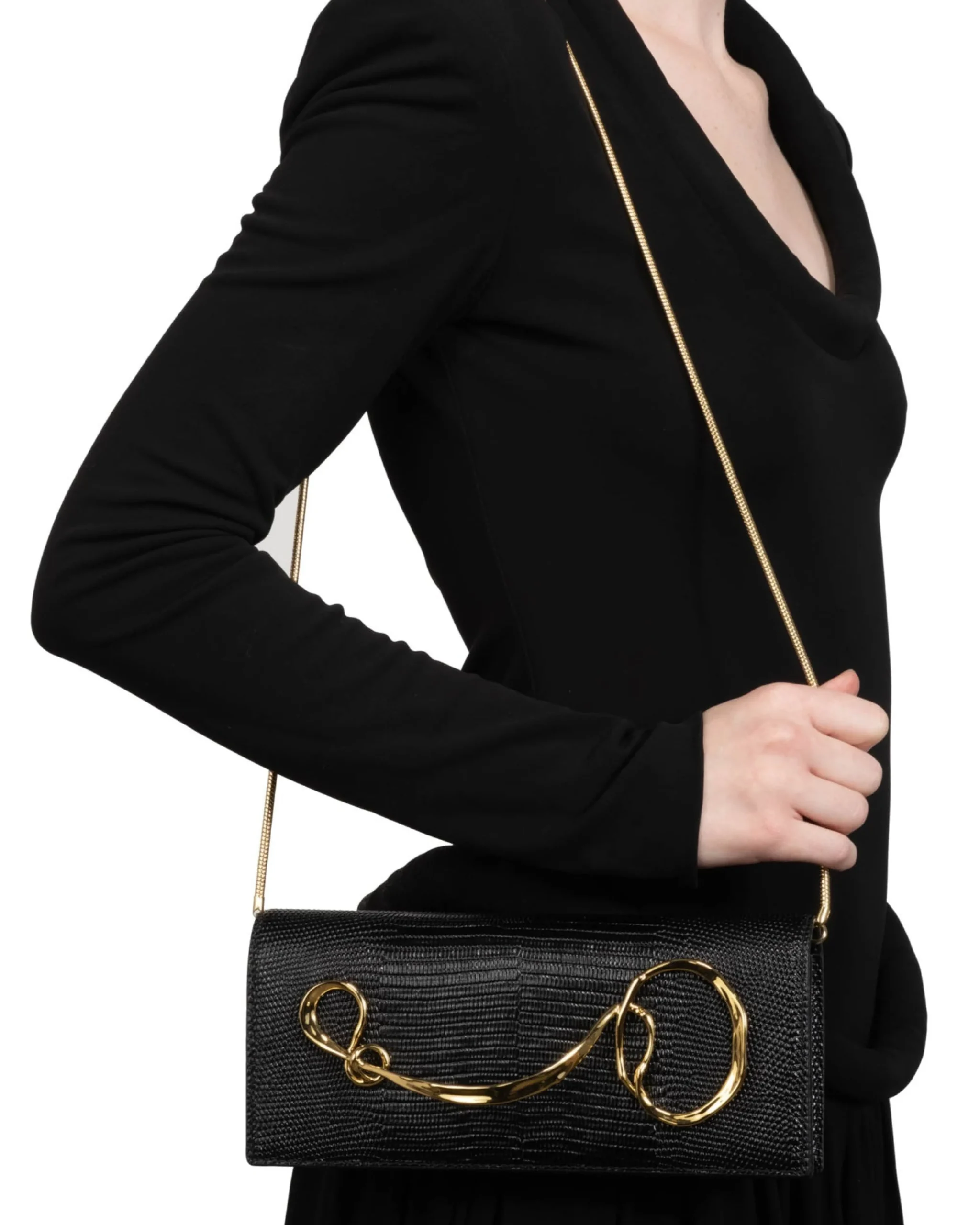 Twisted Gold Side Handle Clutch Purse - Black