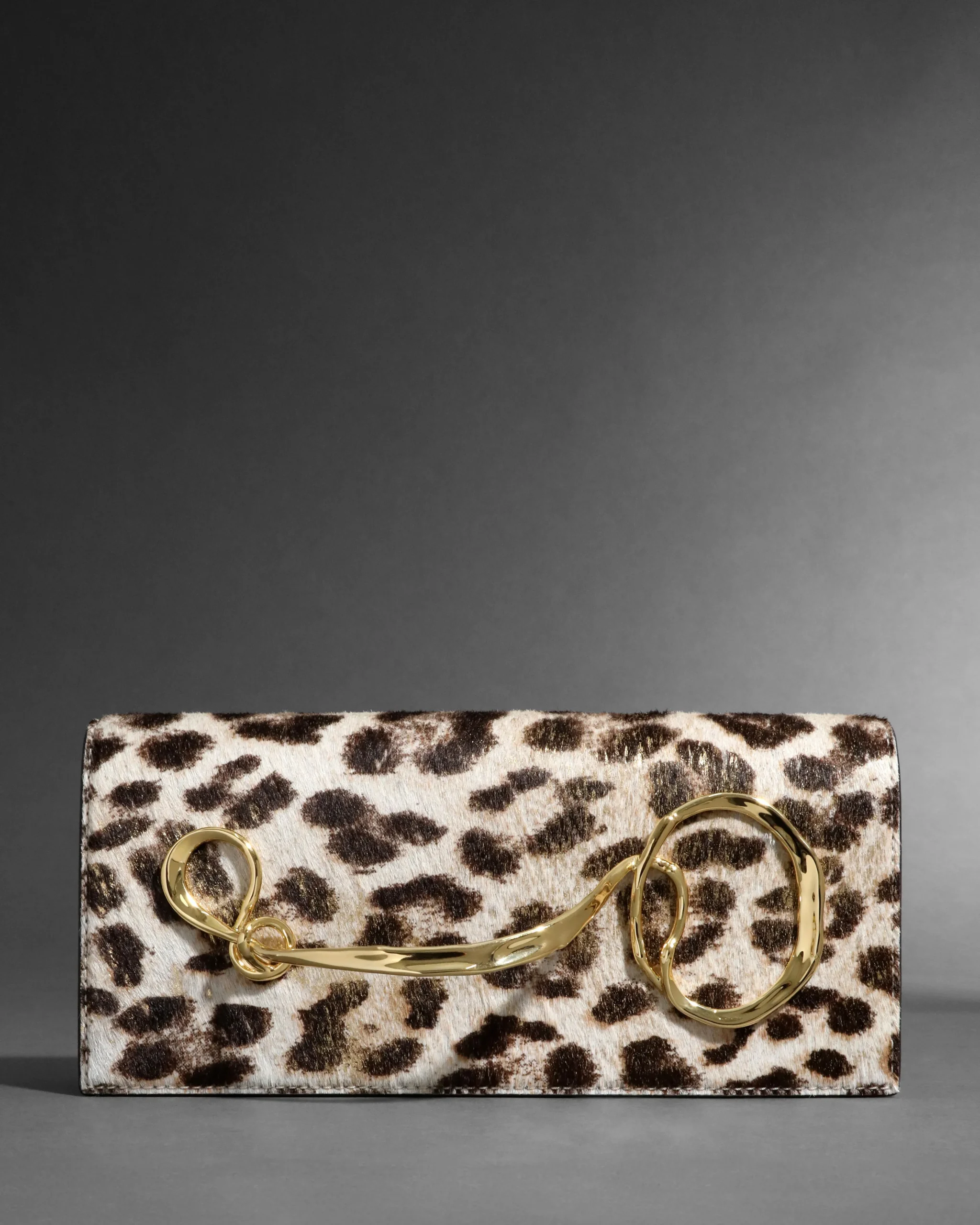 Twisted Gold Side Handle Clutch Purse- Metallic Leopard