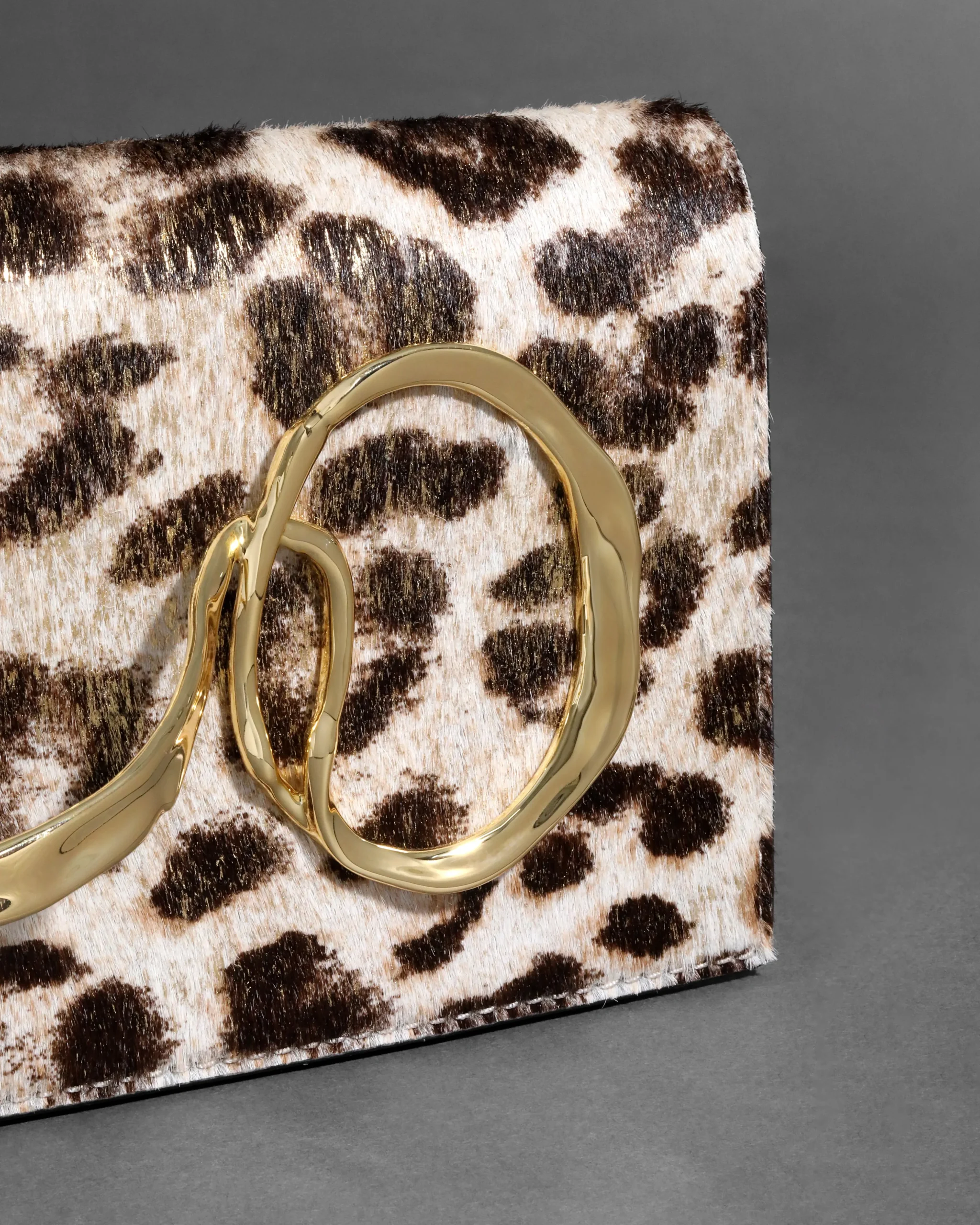 Twisted Gold Side Handle Clutch Purse- Metallic Leopard