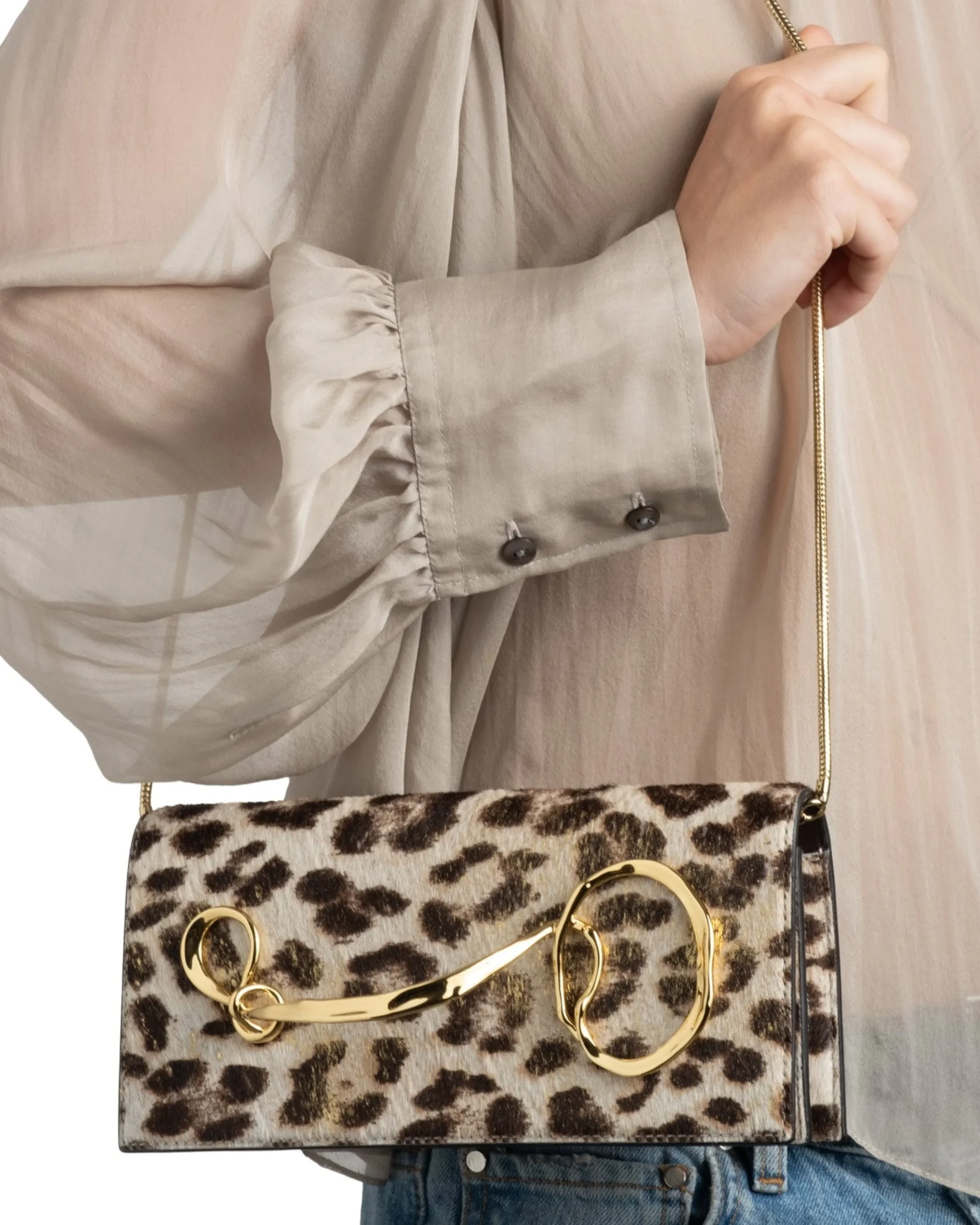 Twisted Gold Side Handle Clutch Purse- Metallic Leopard
