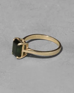 Vintage 1980s 14k Gold & Emerald Cut Green Tourmaline Ring