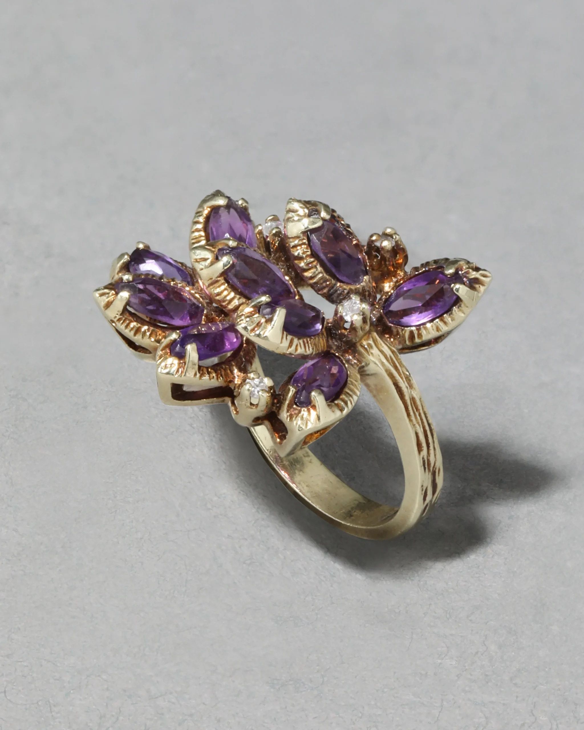 Vintage 1960s 14k Gold Handmade Brutalist Amethyst & Diamond Ring