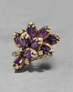 Vintage 1960s 14k Gold Handmade Brutalist Amethyst & Diamond Ring