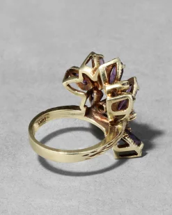 Vintage 1960s 14k Gold Handmade Brutalist Amethyst & Diamond Ring