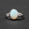 Vintage 1950s 14k Gold Modernist High Prong Set Opal with Diamond Baguette Ring