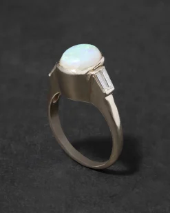 Vintage 1950s 14k Gold Modernist High Prong Set Opal with Diamond Baguette Ring