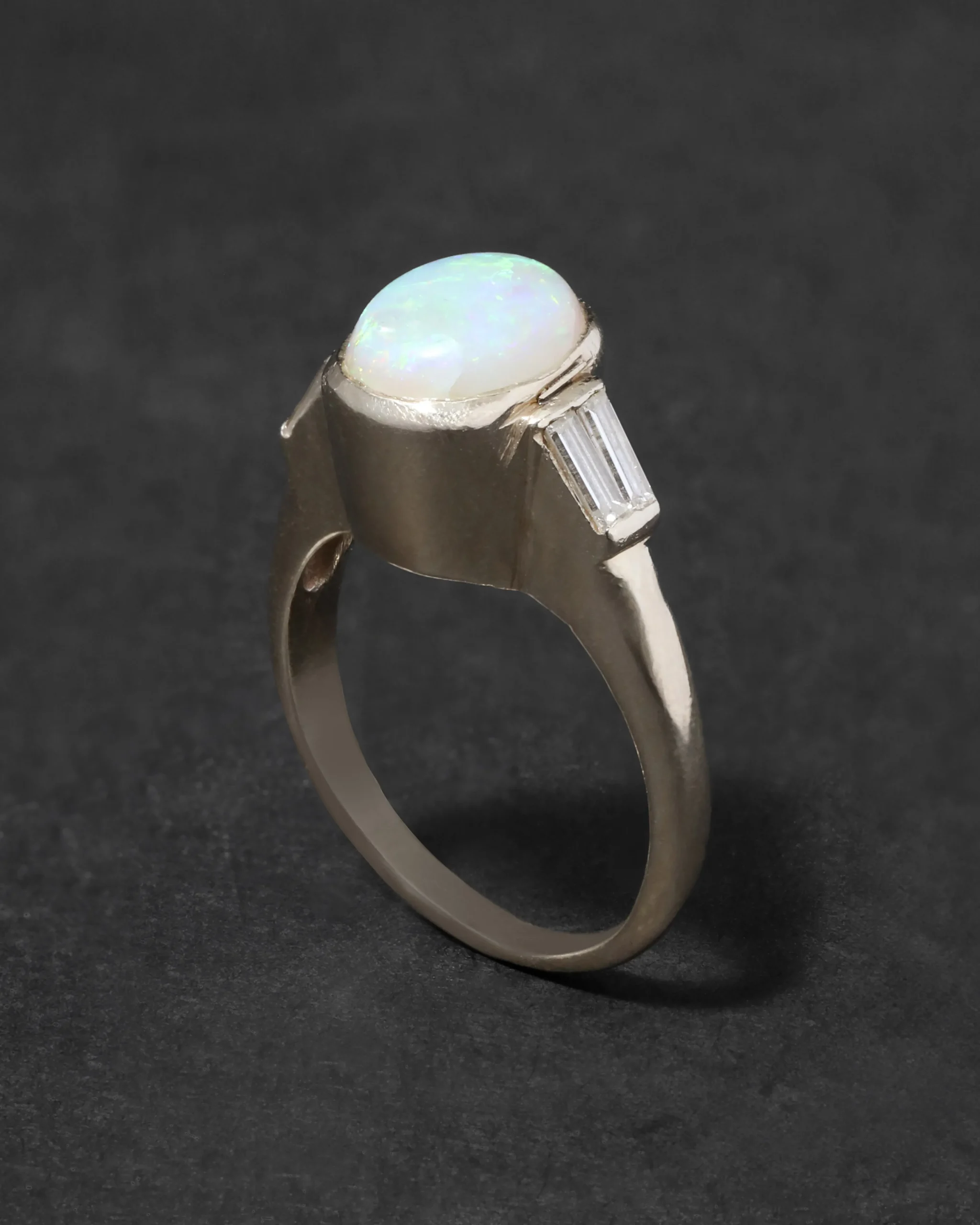 Vintage 1950s 14k Gold Modernist High Prong Set Opal with Diamond Baguette Ring