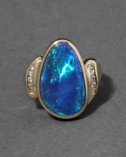 Vintage 1970s 14k Gold & Opal with Diamond Border Ring