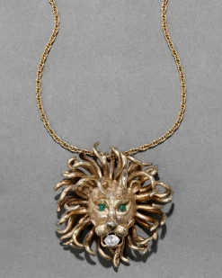 Vintage 1960s 14k Gold Washed Sterling Silver Lion Pendant Necklace with Jade Eyes