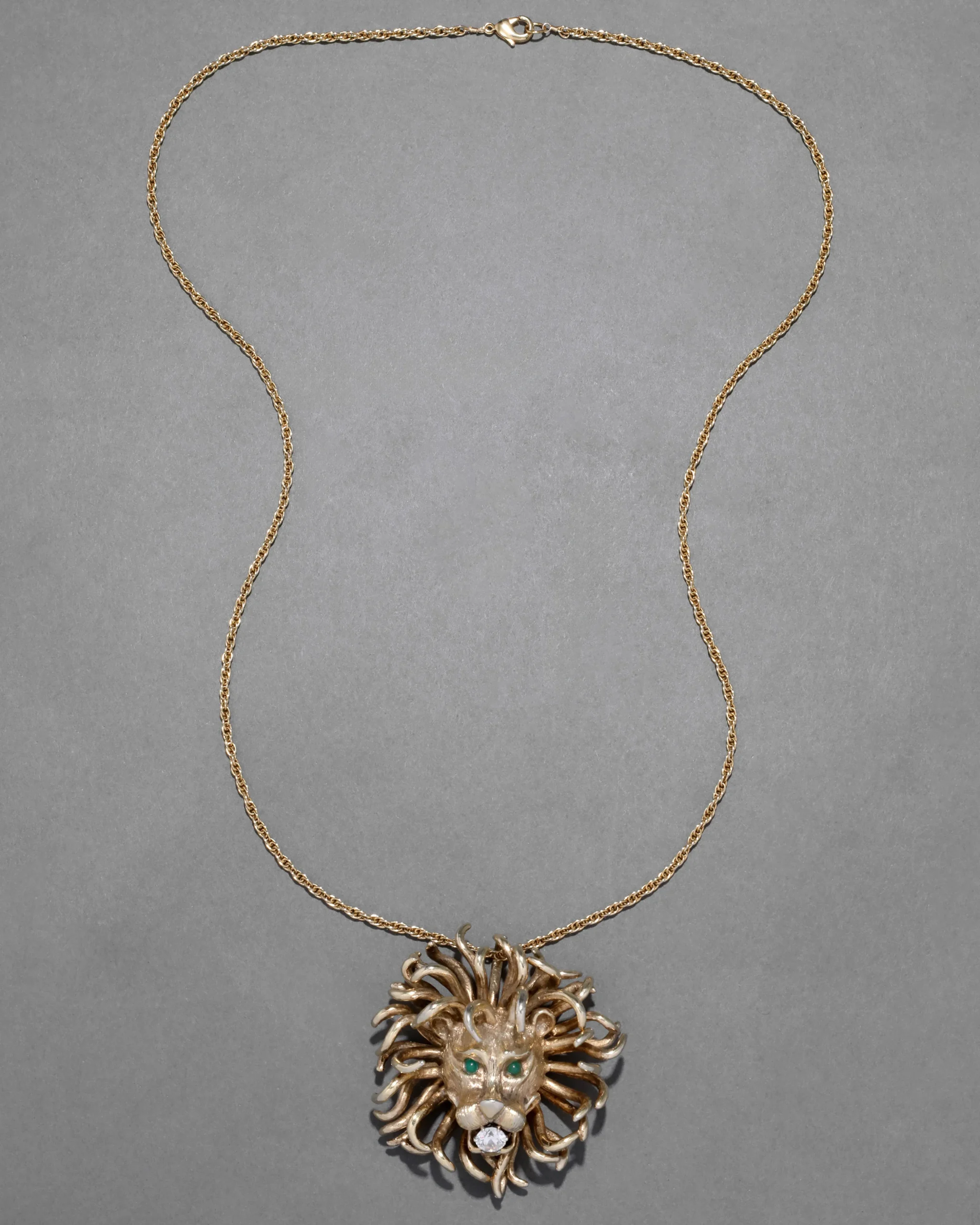 Vintage 1960s 14k Gold Washed Sterling Silver Lion Pendant Necklace with Jade Eyes