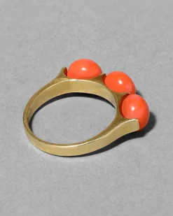 Vintage 1960s 10k Gold with Coral Cabachon Trio Ring