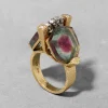 Vintage 1970s 18k Gold with Watermelon Tourmaline & Diamond Brutalist RIng