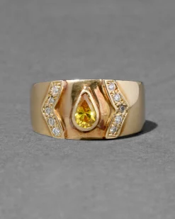 Vintage 1980s 18k Gold & Yellow Topaz & Diamond Cigar Band Ring