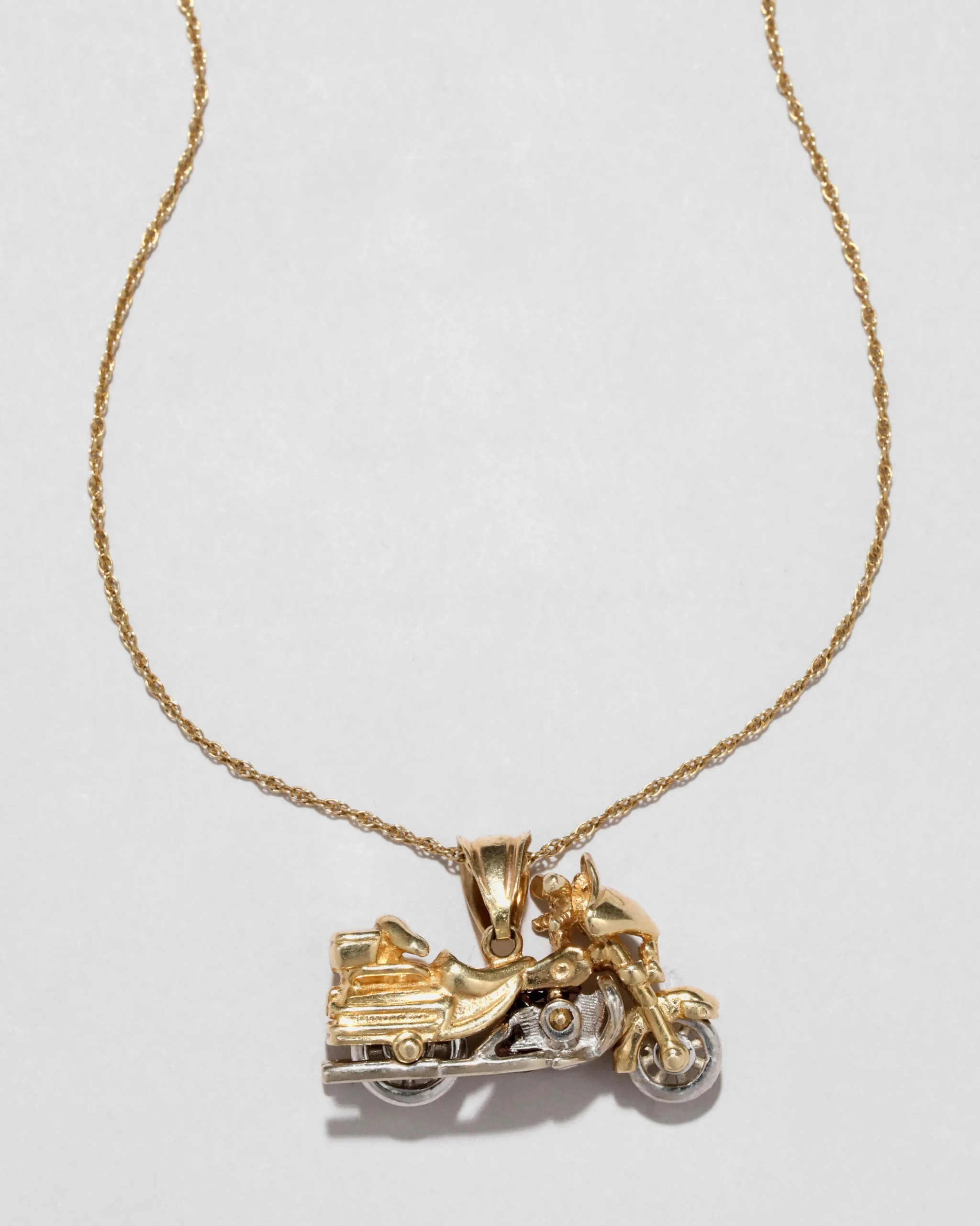 Vintage 1970s 14k Two Tone Gold Articulated Motorcycle Pendant Necklace