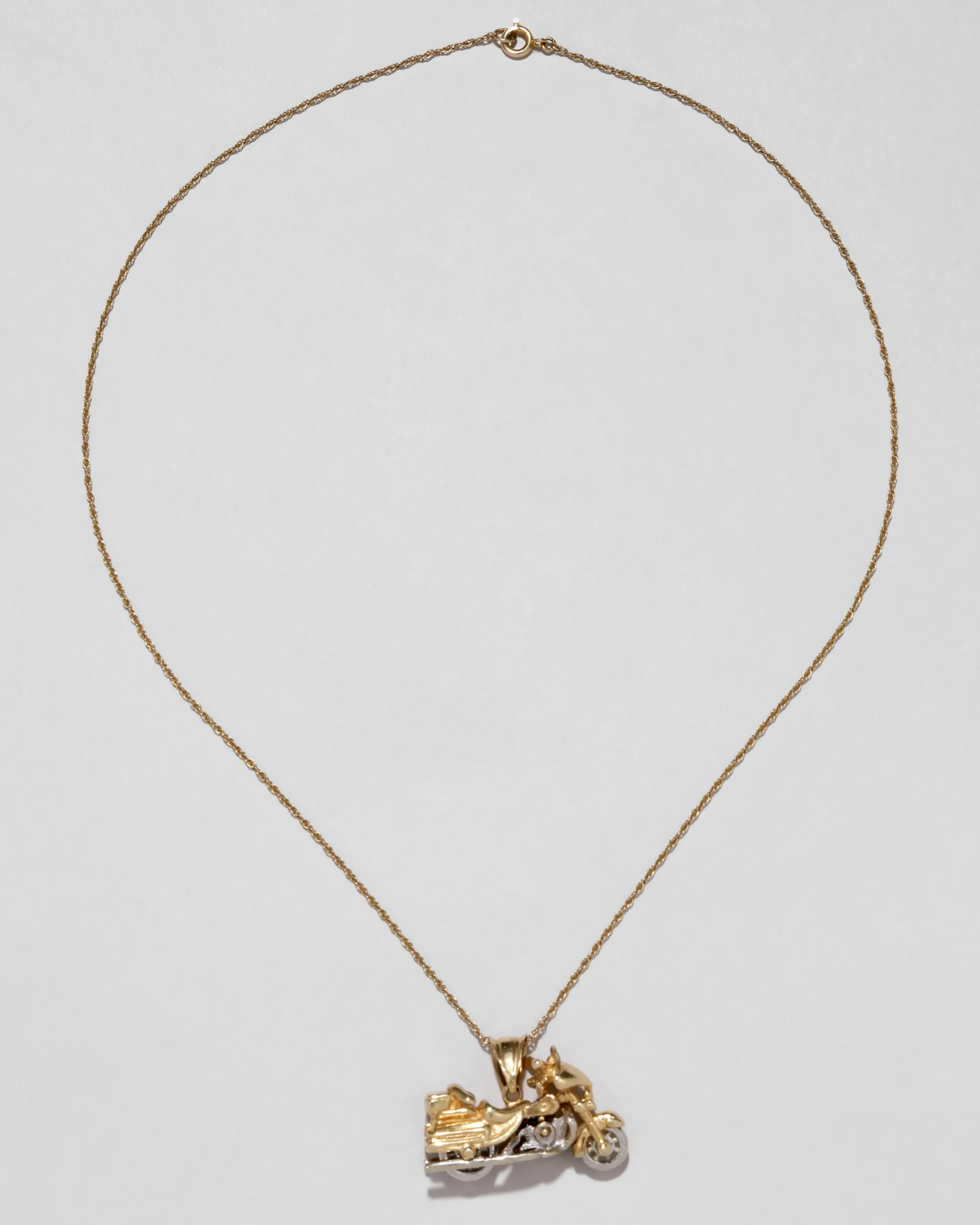 Vintage 1970s 14k Two Tone Gold Articulated Motorcycle Pendant Necklace
