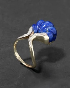 Vintage 1960s 18k Two Tone Gold Scalloped Lapis & Diamond Ring