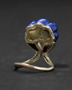 Vintage 1960s 18k Two Tone Gold Scalloped Lapis & Diamond Ring