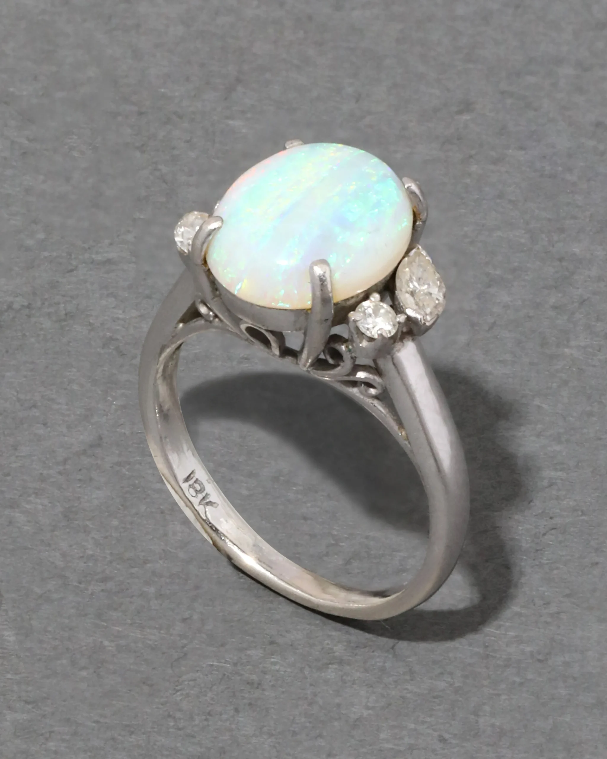 Vintage 1930s 18k White Gold Opal & Diamond Ring
