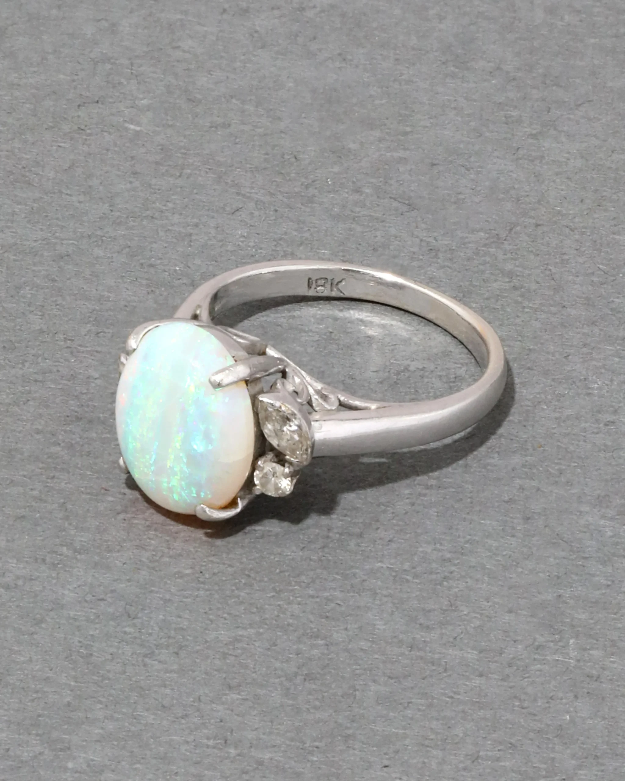 Vintage 1930s 18k White Gold Opal & Diamond Ring