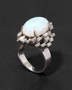 Vintage 1950s 18k White Gold with Natural Opal & Baguette & Marquis Diamond Halo Modernist Design Ring
