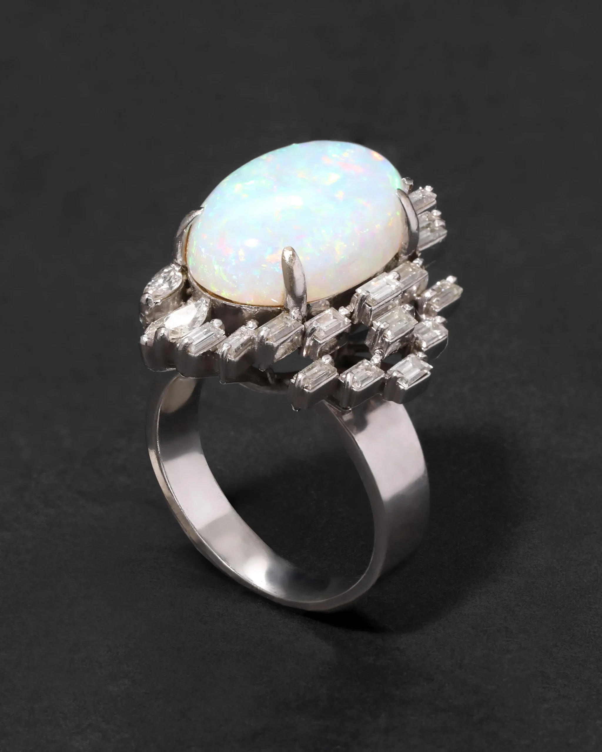 Vintage 1950s 18k White Gold with Natural Opal & Baguette & Marquis Diamond Halo Modernist Design Ring