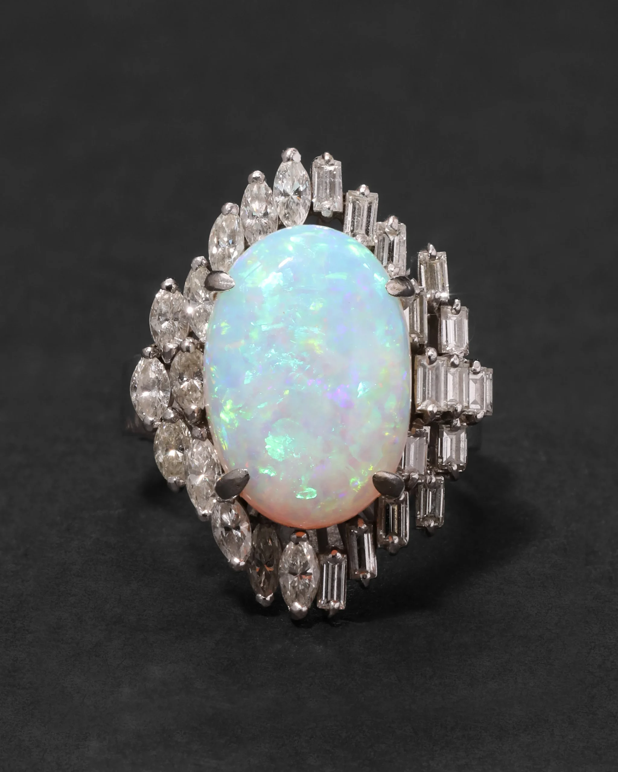 Vintage 1950s 18k White Gold with Natural Opal & Baguette & Marquis Diamond Halo Modernist Design Ring