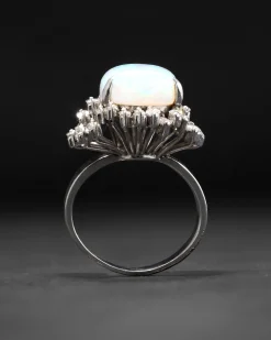 Vintage 1950s 18k White Gold with Natural Opal & Baguette & Marquis Diamond Halo Modernist Design Ring