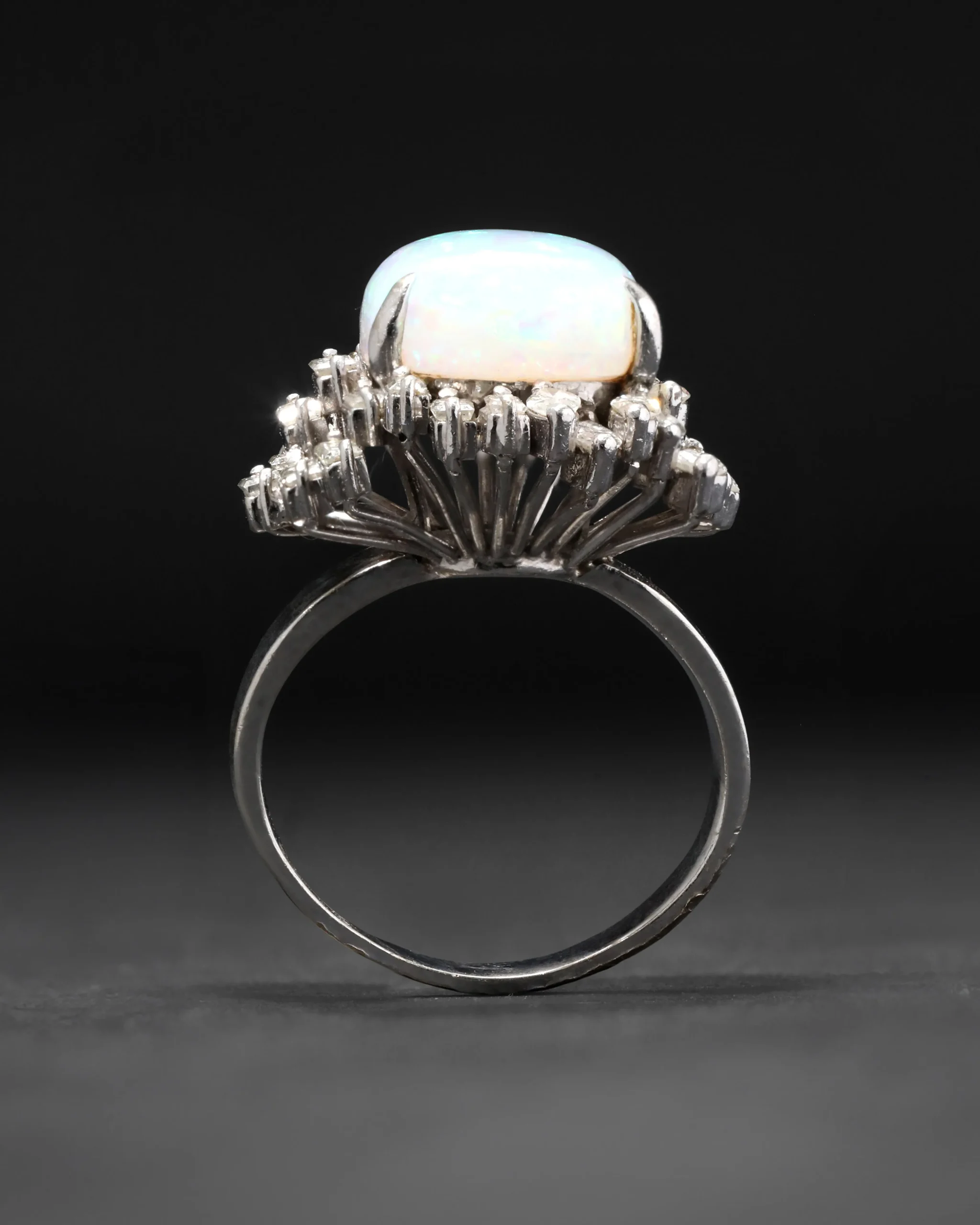 Vintage 1950s 18k White Gold with Natural Opal & Baguette & Marquis Diamond Halo Modernist Design Ring