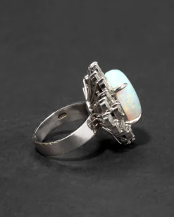 Vintage 1950s 18k White Gold with Natural Opal & Baguette & Marquis Diamond Halo Modernist Design Ring