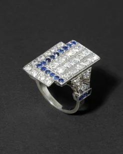 Vintage 1930s 14k White Gold with Sapphire & Diamond Deco Design Ring