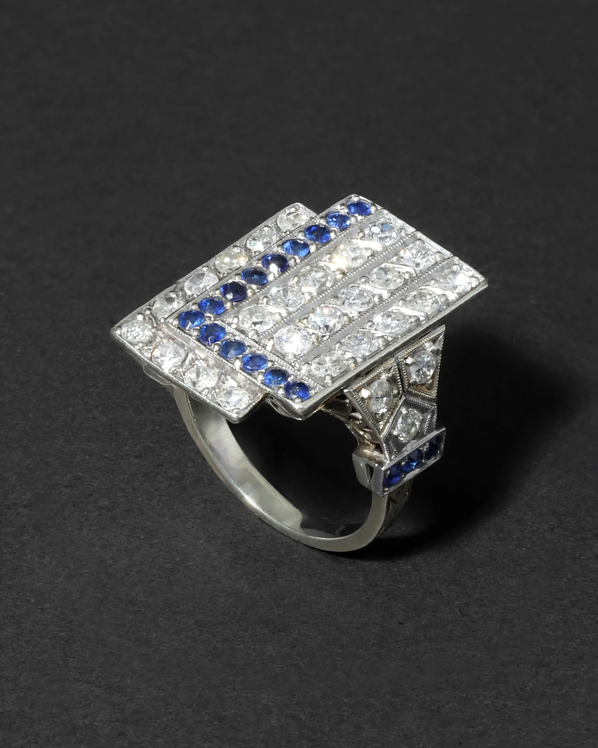 Vintage 1930s 14k White Gold with Sapphire & Diamond Deco Design Ring