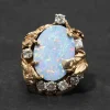Vintage 1970s 14k Yellow & White Gold Handmade Brutalist Opal & Diamond Ring