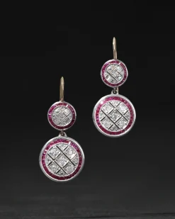 Vintage 1930s Platinum & 14k Gold Ruby & Diamond Deco Drop Earring