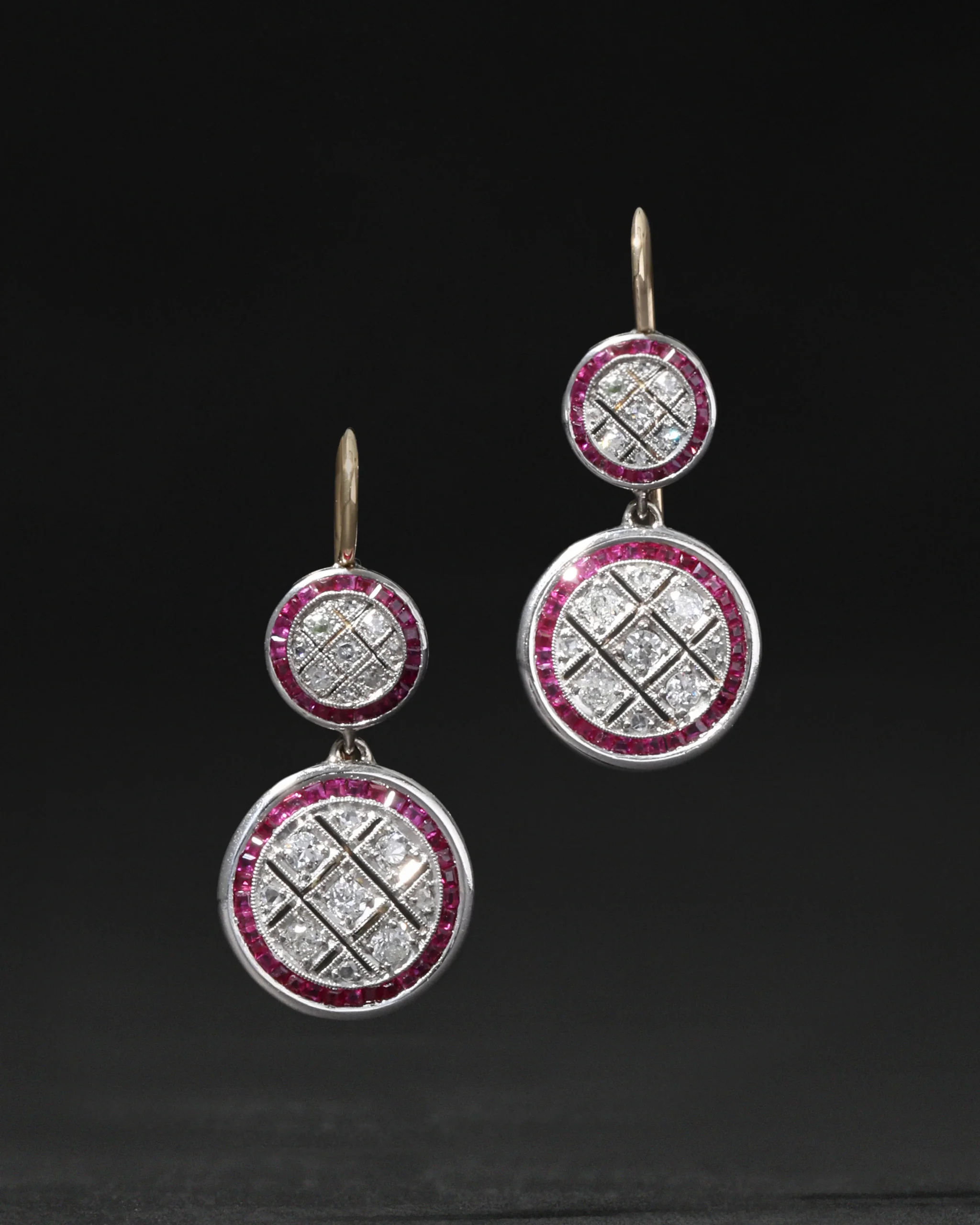Vintage 1930s Platinum & 14k Gold Ruby & Diamond Deco Drop Earring