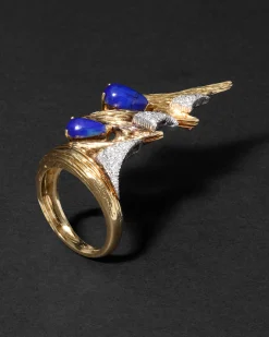 Vintage 1960s Platinum & 18k Gold with Lapis & Diamond Brutalist Ring