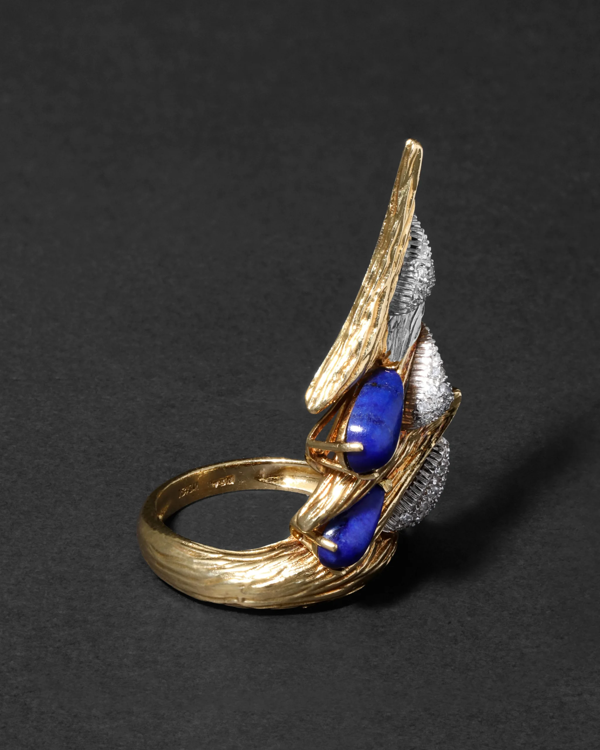 Vintage 1960s Platinum & 18k Gold with Lapis & Diamond Brutalist Ring