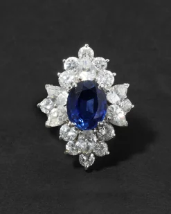 Vintage 1980s Rhodium Plated Sterling Silver with Synthetic Sapphire & Cubic Zirconium Ring