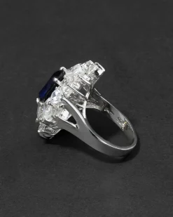 Vintage 1980s Rhodium Plated Sterling Silver with Synthetic Sapphire & Cubic Zirconium Ring